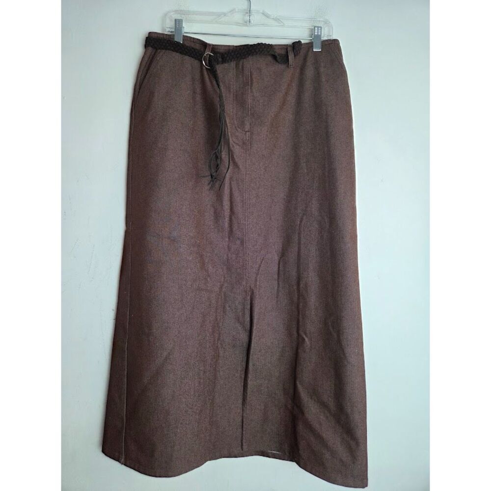 Villager Sport Liz Claiborne Dark Brown Cotton Belted Straight Midi Skirt sz 14
